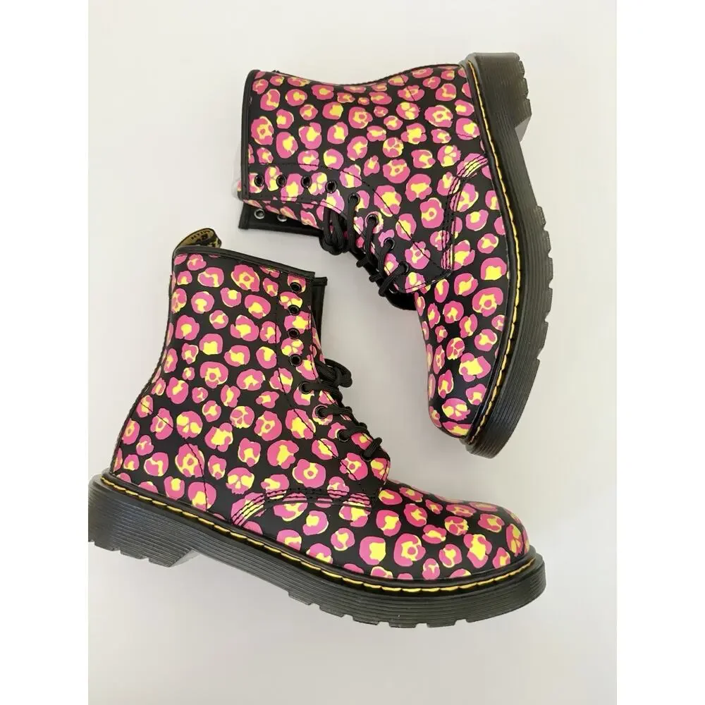 Dr. Marten’s Leopard Print Side Zipper Lace Up Girls’ Combat Boots Size 6